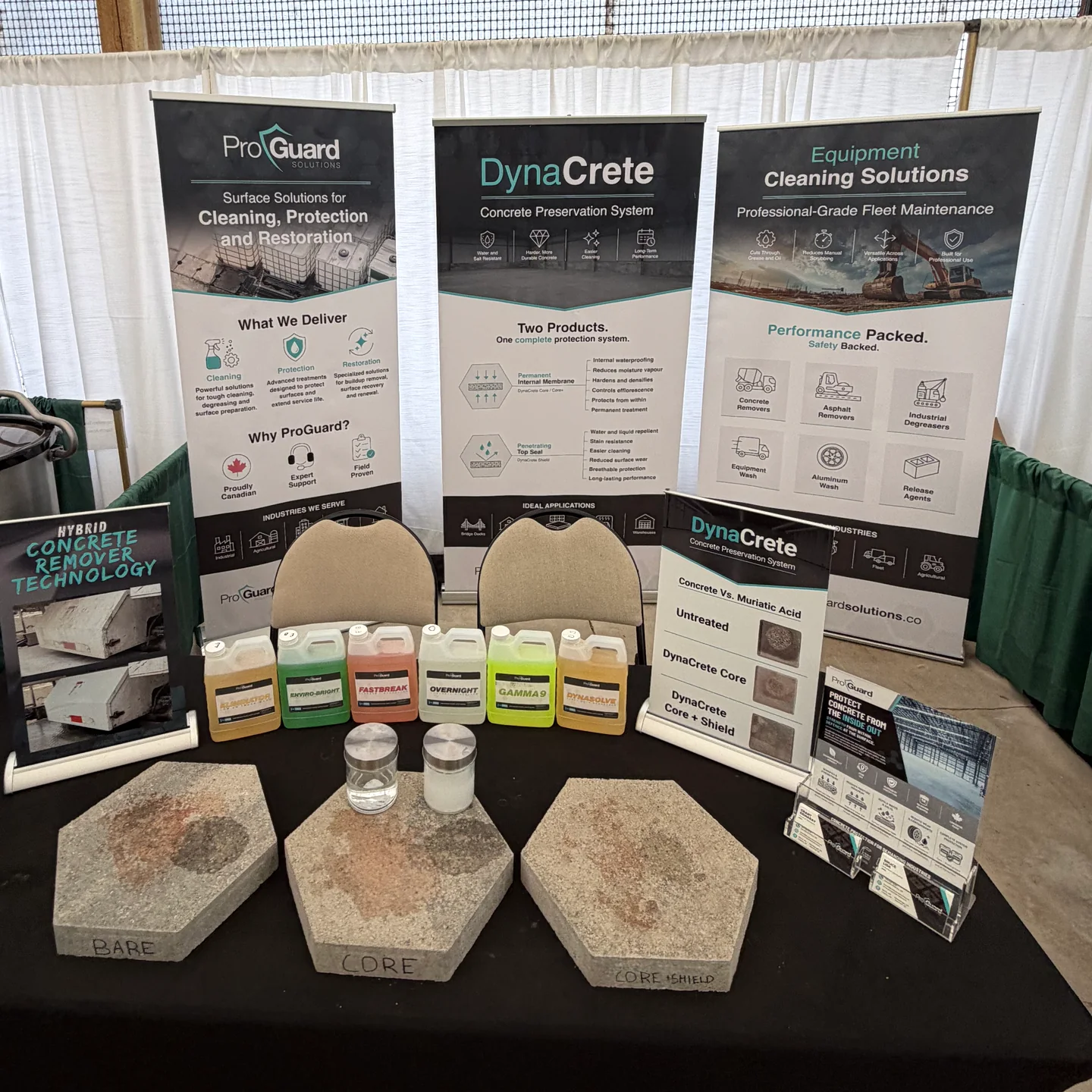 ProGuard’s farm show booth with the DynaCrete banner and concrete samples labelled Bare, Core, and Core Shield