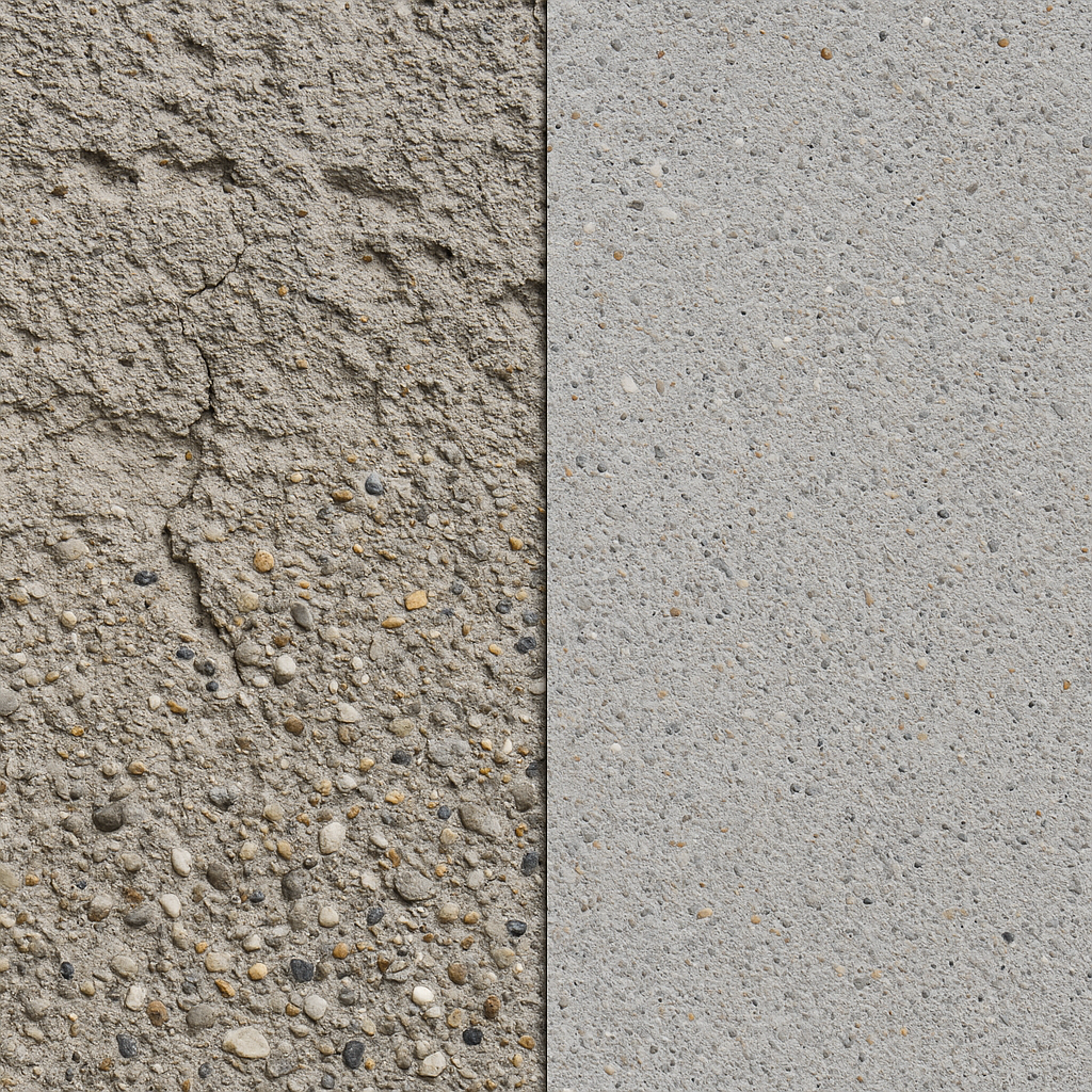 Simulated wear test: unprotected concrete showing erosion and aggregate exposure versus DynaCrete-treated concrete with minimal wear